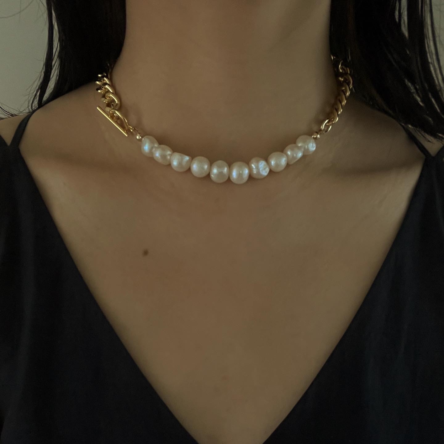 淡水 バロック パール チェーン コンビ ネックレス 大粒 不揃い