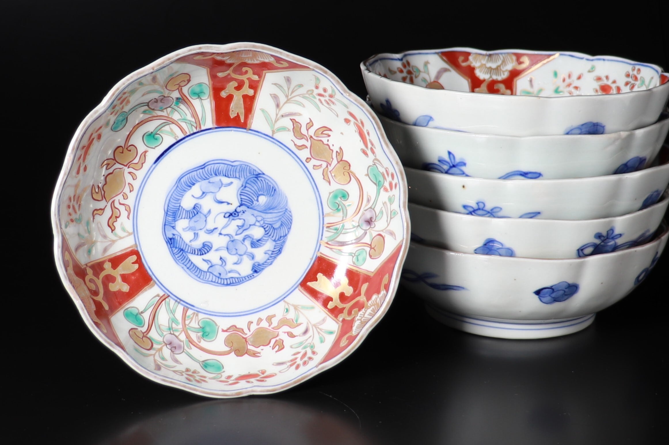 長丸皿 3枚 歪み 変形皿 花唐草 印判 染付 明治 大正皿・鉢 | 古美術