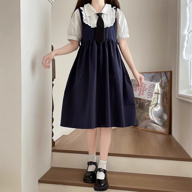 ワンピース 膝丈 ブラウス 半袖 ネイビー ブルー 夏 メイド