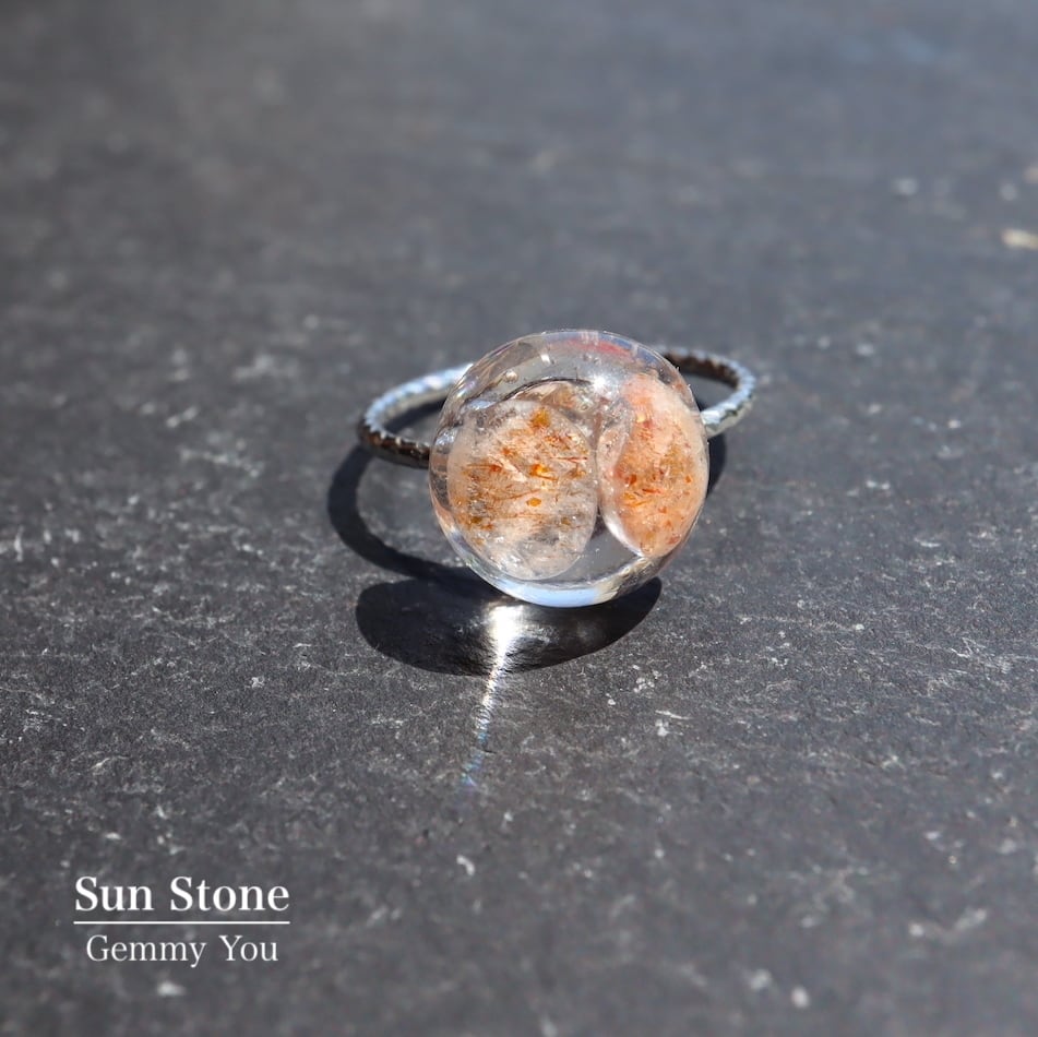 オレンジ サンストーン レジン 真鍮 リング シルバー 指輪 ラウンド