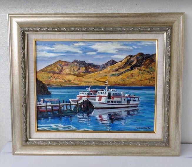 秋元清弘「支笏湖」油彩画 ガクブチ外寸58.5x49.0x5.0cm 絵 張キャンF6