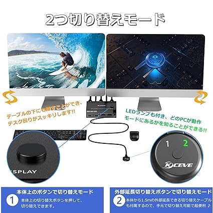KCEVE デュアル モニター KVM切替器 USB3.0 コピー/拡張モード 4K@60Hz