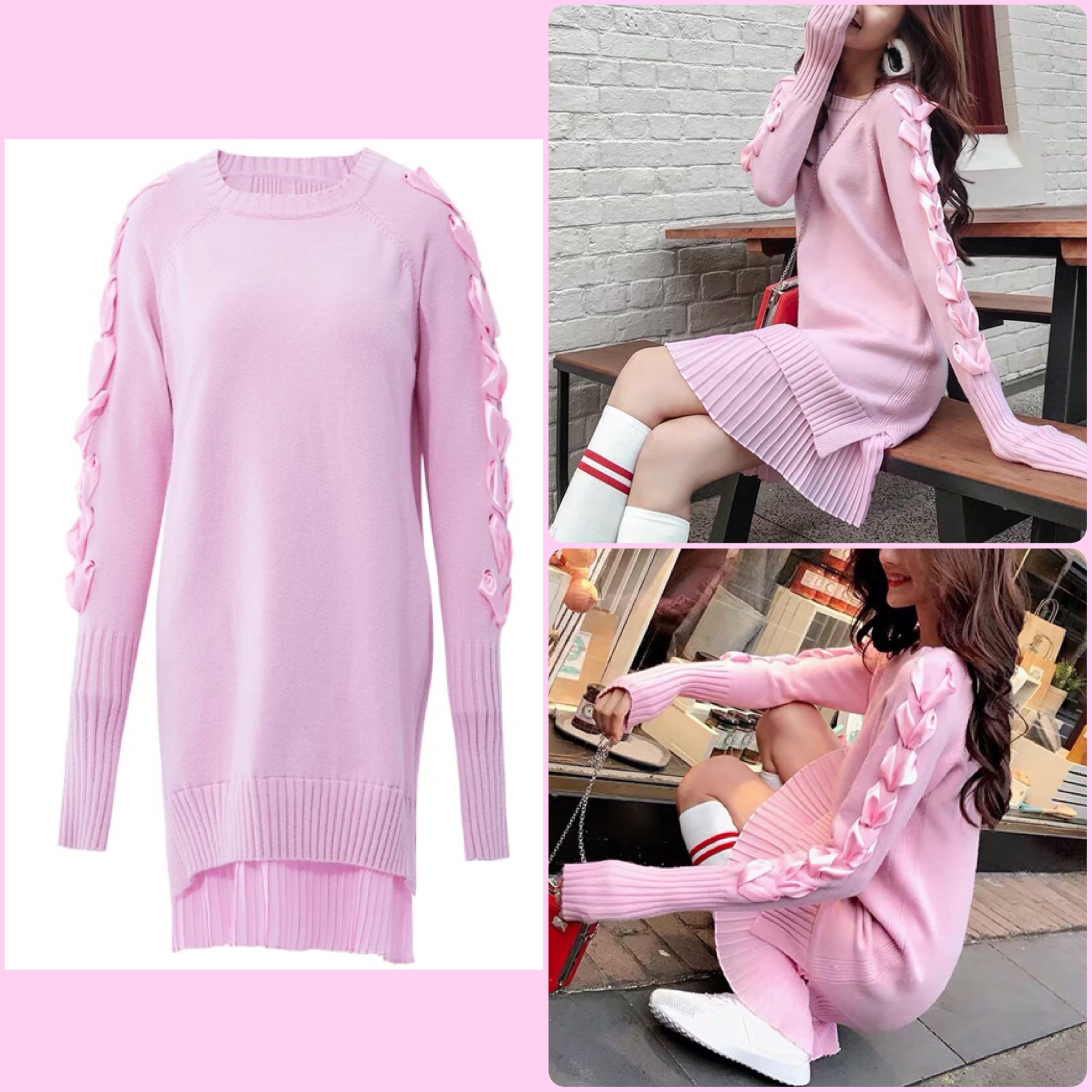 ピンク ニット ワンピース 長袖 リボン プリーツ スカート かわいい