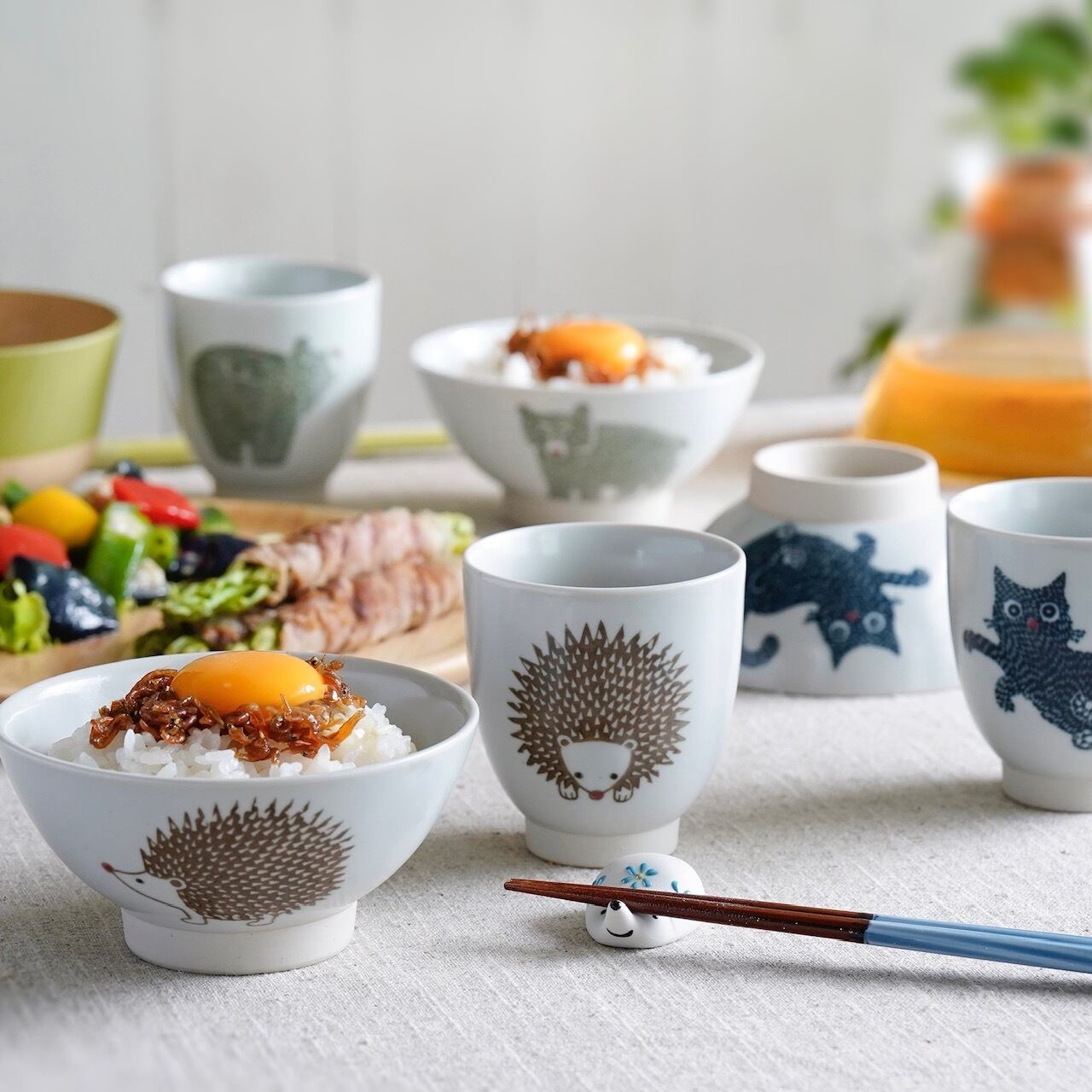 波佐見焼 茶碗 スタンプ zoo ねこ・はりねずみ・くま【tomofac
