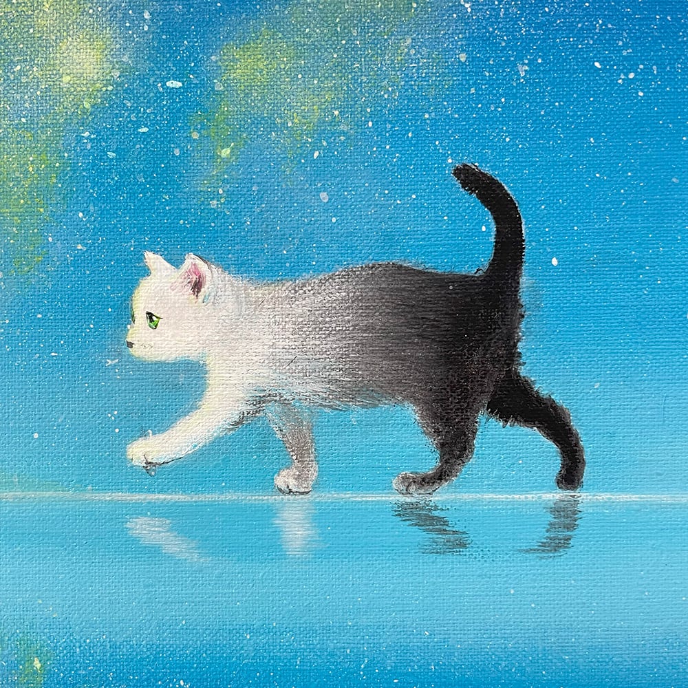 原画：宙を歩く～光を知った猫～（サイズ：F8号（額縁含む 横450mm×縦