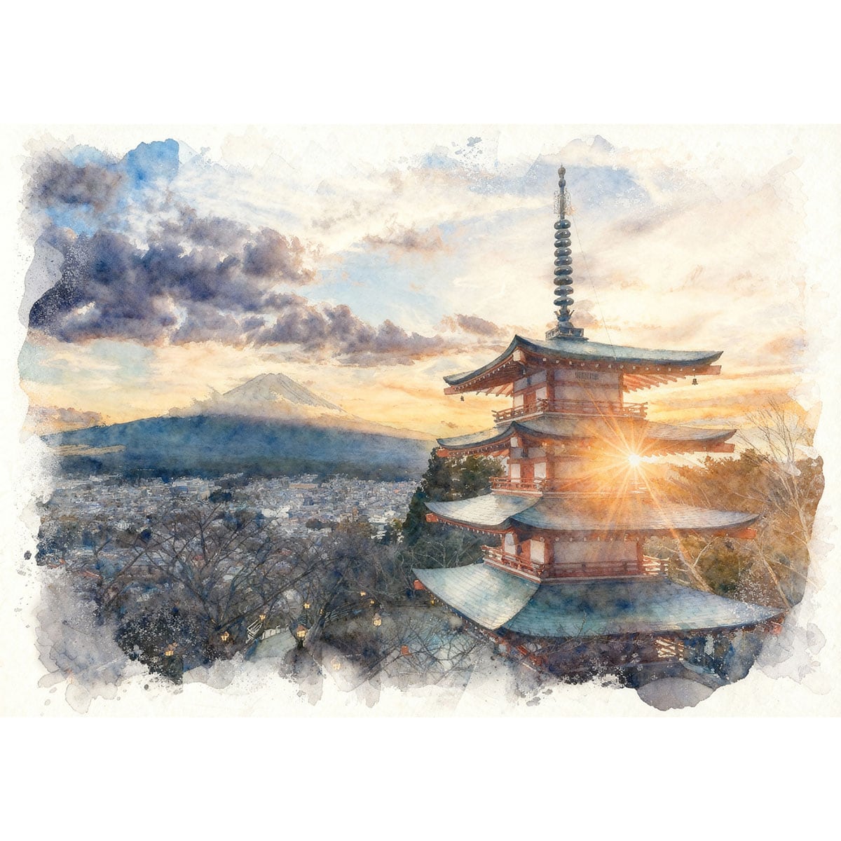 絵画 日本 山梨県新倉山浅間公園 五重塔からの富士山 インテリアアート