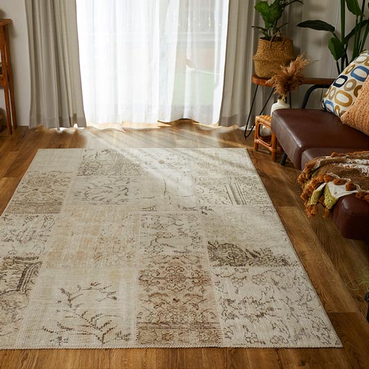 71×124ウール ベージュ×ブラウン パッチワーク トルコヴィンテージラグ