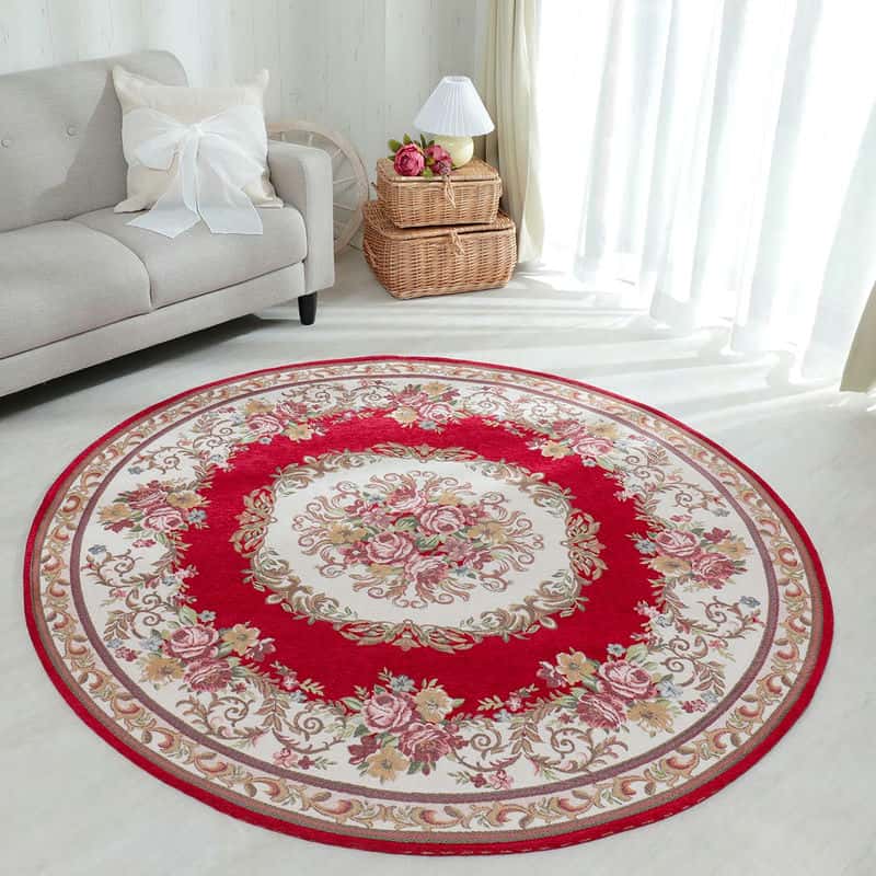丸洗いOK！ゴブラン織りヨーロピアン調花柄ラグ『ジェンヌ レッド約
