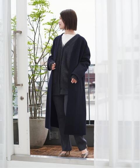 ウールVネックカラーリバーコート/ウールノーカラーミドル丈コートが