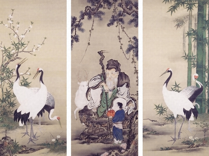 鶴に寿老人図（三幅対） 文化遺産オンライン
