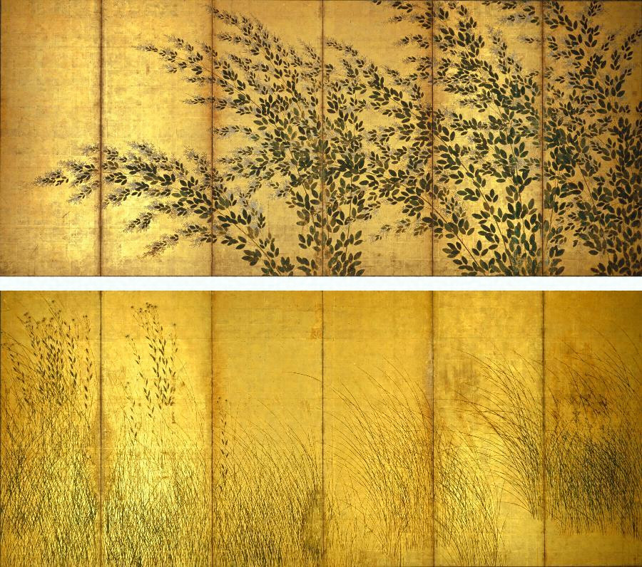 紙本金地著色萩芒図 長谷川等伯筆六曲屏風 文化遺産オンライン