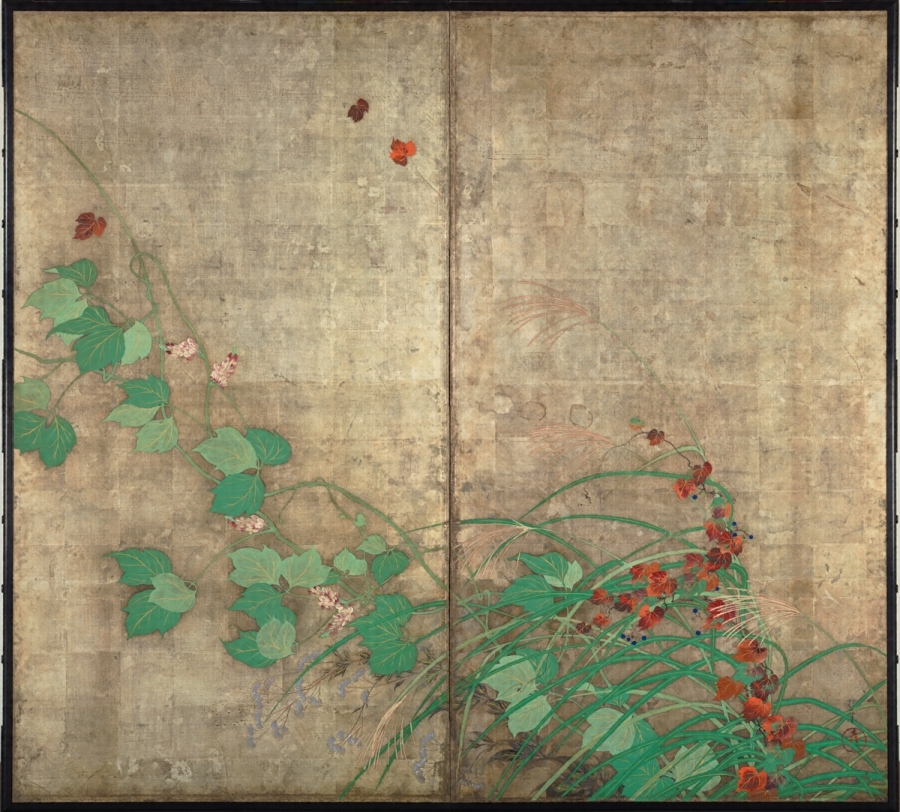 紙本銀地著色風雨草花図〈酒井抱一筆／二曲屏風〉 文化遺産オンライン