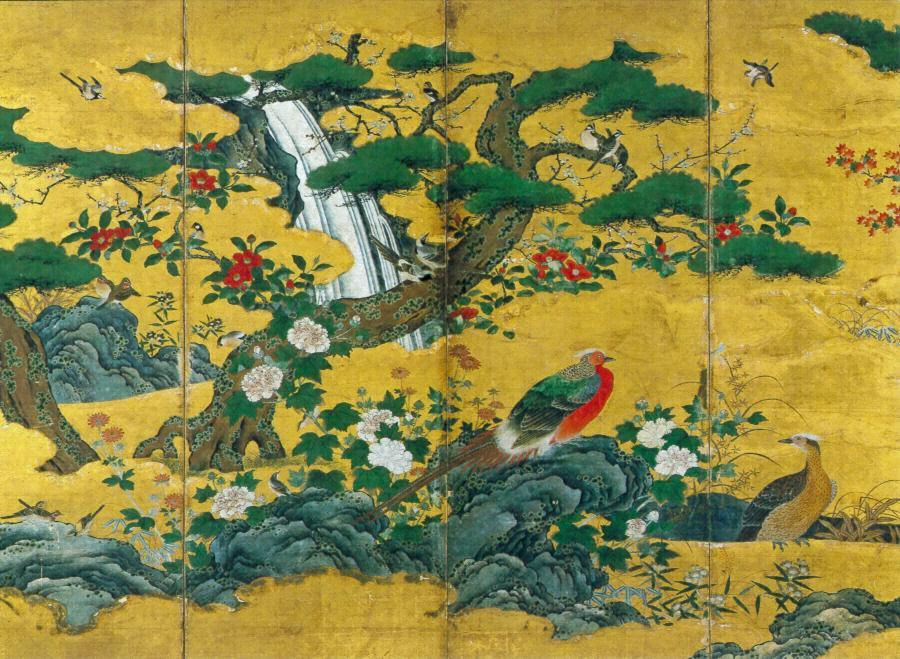 紙本金地著色四季花鳥図〈狩野元信筆／六曲屏風〉 文化遺産オンライン