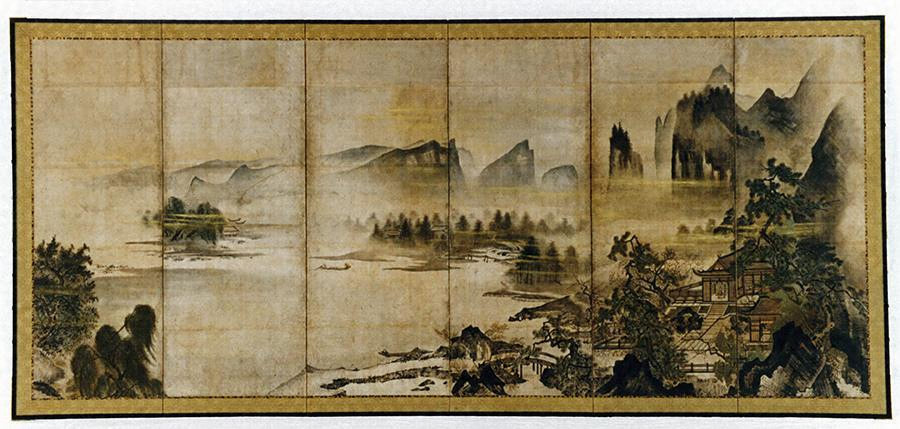 紙本墨画淡彩四季山水図〈／六曲屏風〉 文化遺産オンライン