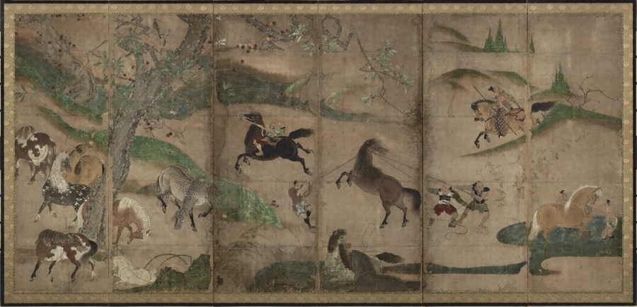 紙本著色牧馬図〈長谷川信春筆/六曲屏風〉 文化遺産オンライン