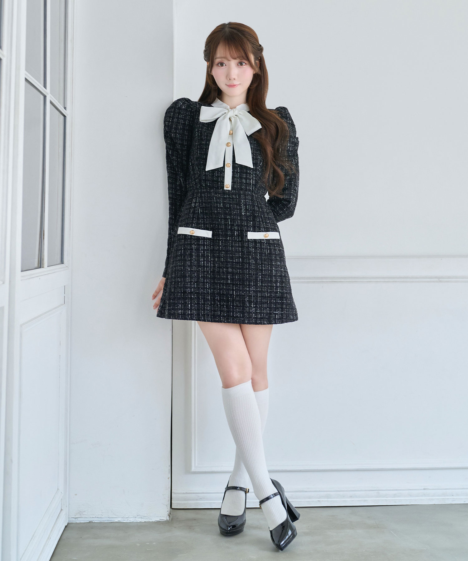 Ribbon tie tweed mini onepiece – BUNNY APARTMENT