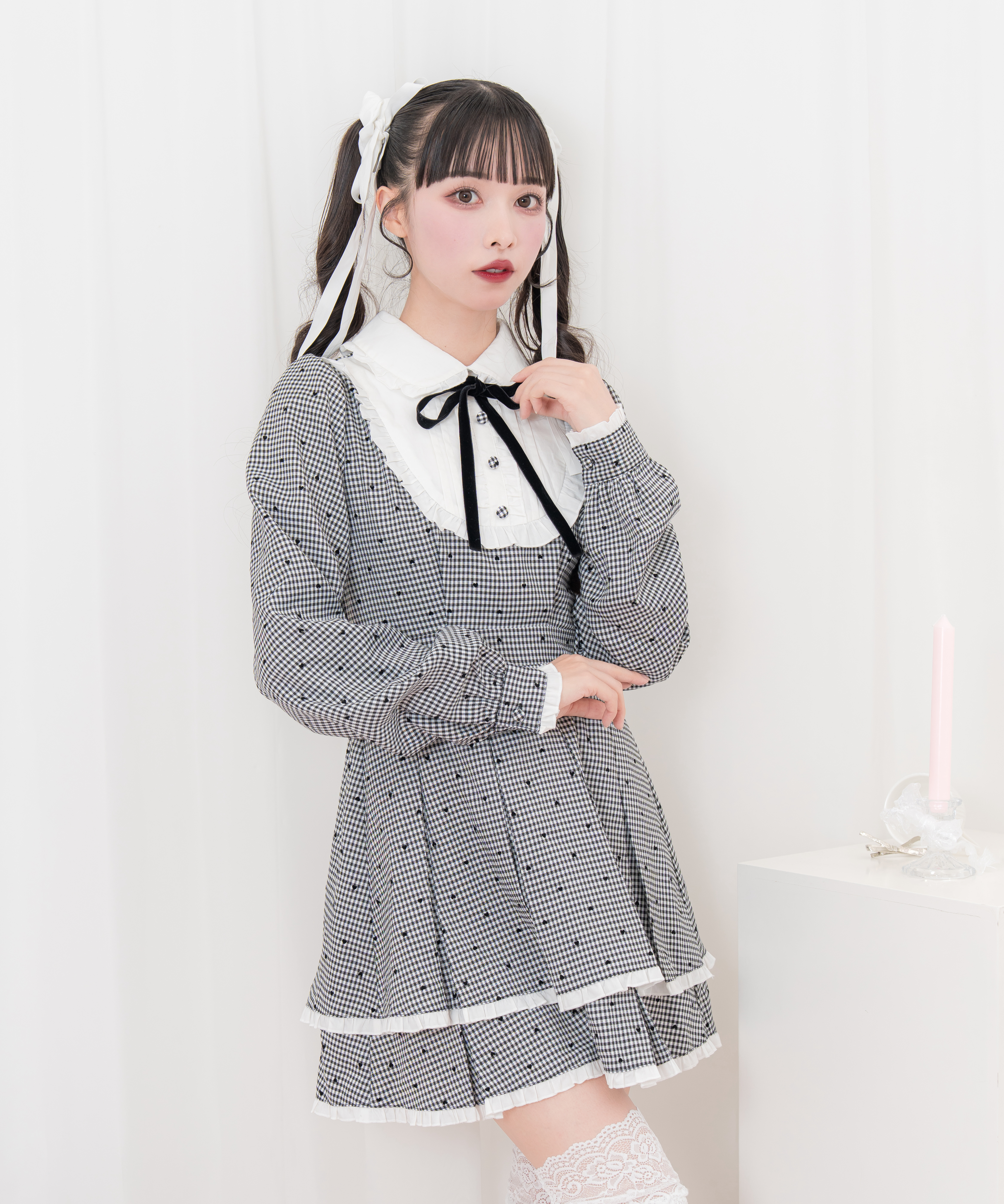 honey cinnamon ハートドット ベロアリボン配色ヨークワンピース