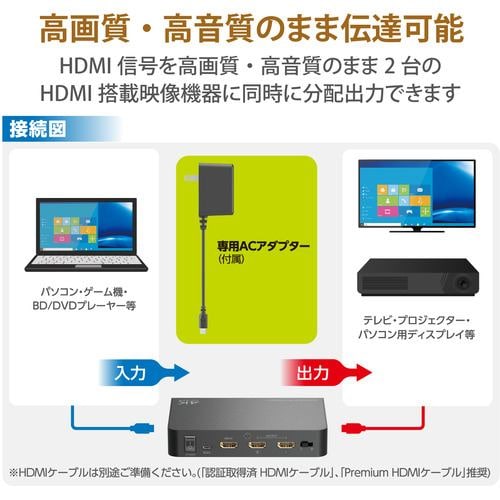 エレコム VSP-HDP12BK HDMI分配器 4K 60P 対応 1入力 2出力