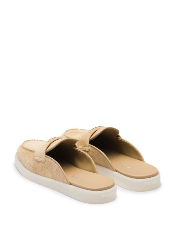 Prada logo-plaque Suede Mules | Neutrals | FARFETCH