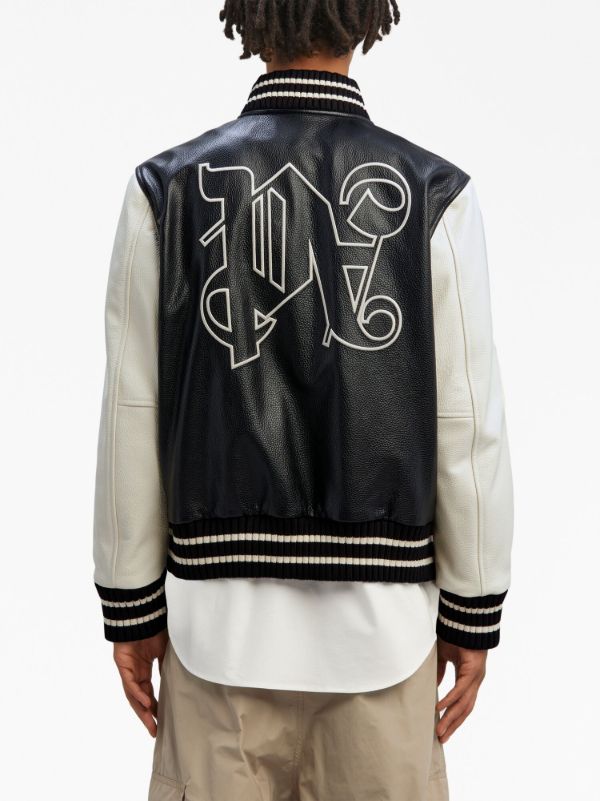 Palm Angels monogram-print Leather Varsity Jacket | Black | FARFETCH