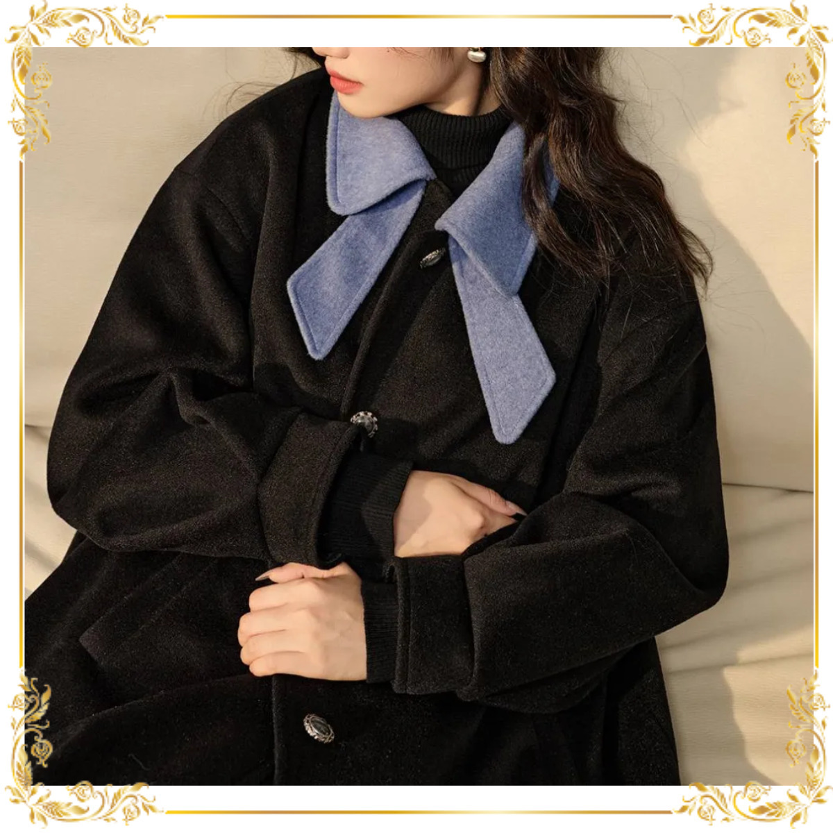 KUOSE ショート リボン 長袖 ボウカラーコート ブラック*関送込 (KUOSE