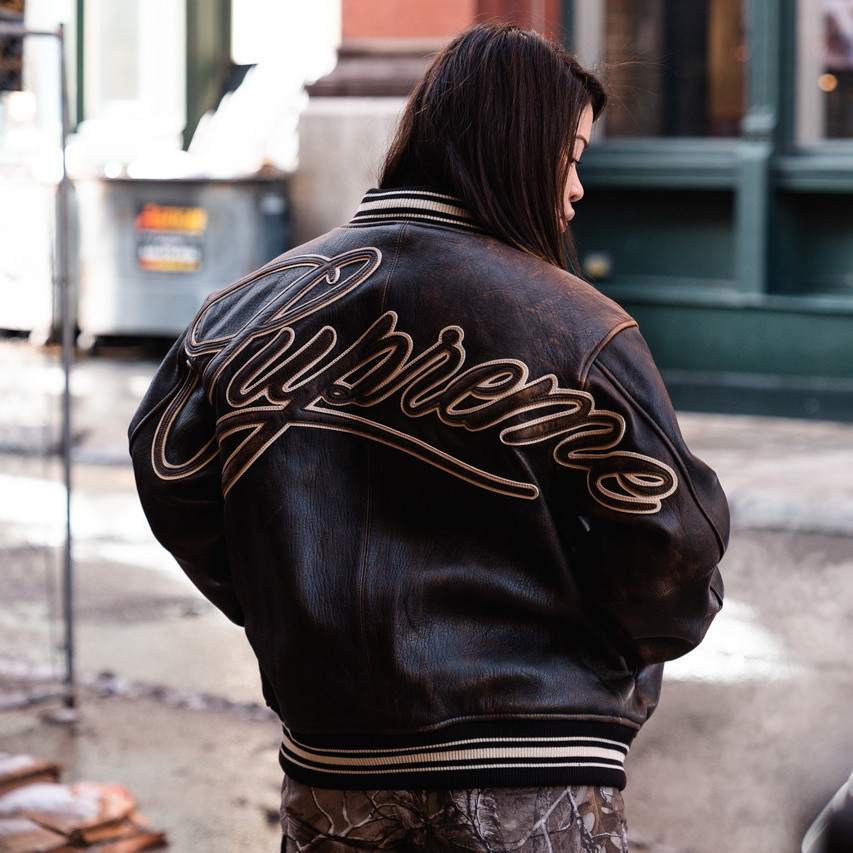 Supreme Worn Leather Varsity Jacket シュプリーム スタジャン