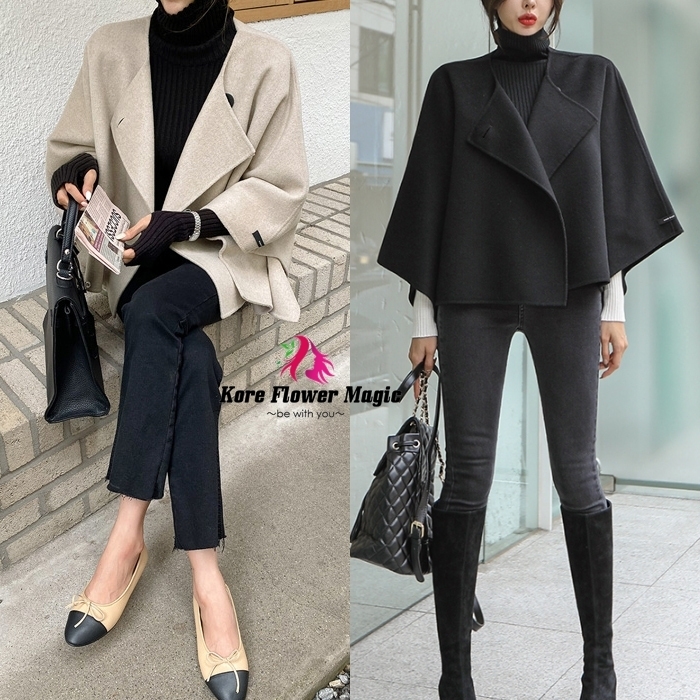 大人 エレガント ケープコート ショート丈 ノーカラー マント
