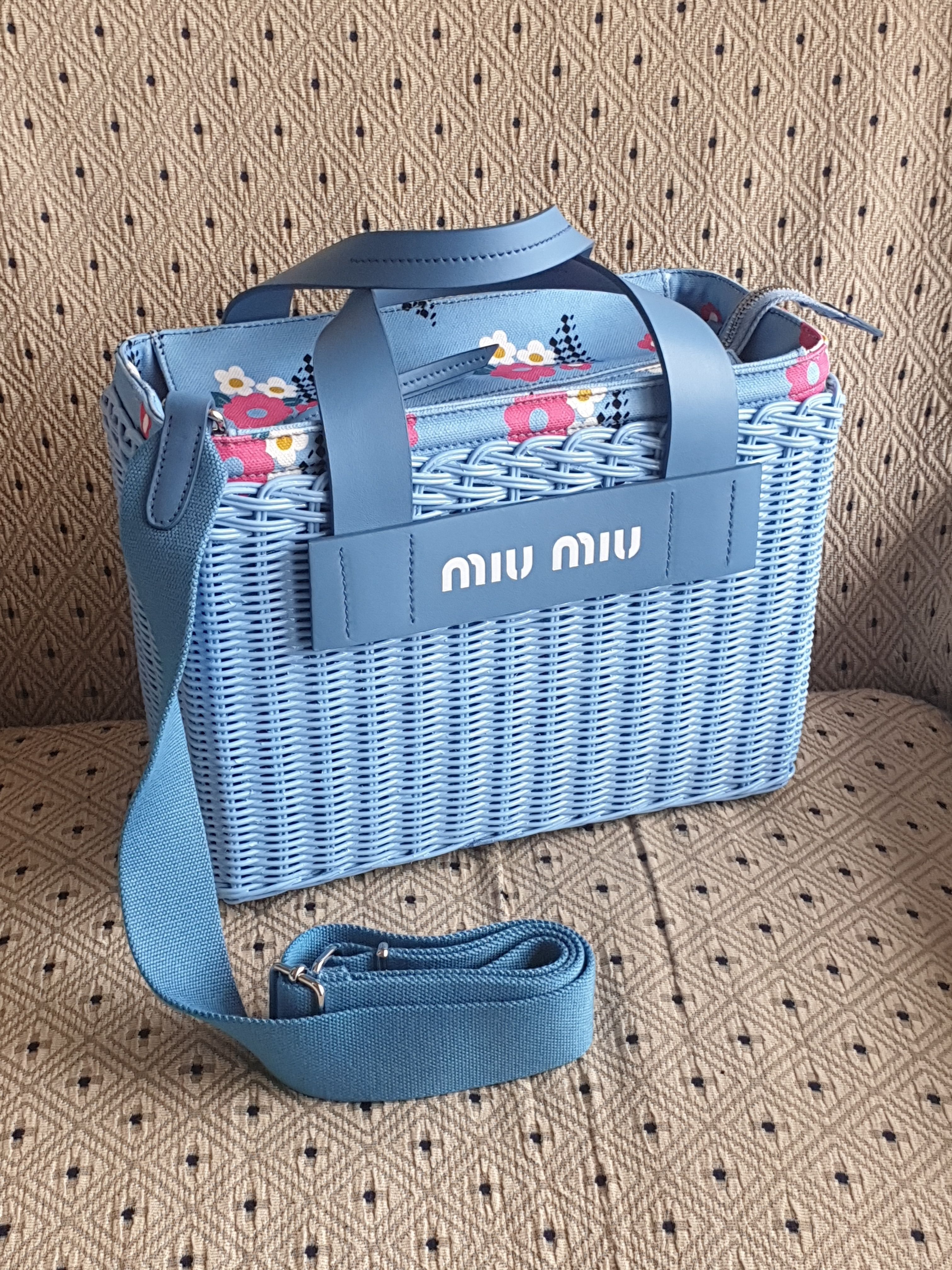 miumiu花柄かごハンドバッグ2WAY♪カナパ×ウィッカー♪ブルー (MiuMiu