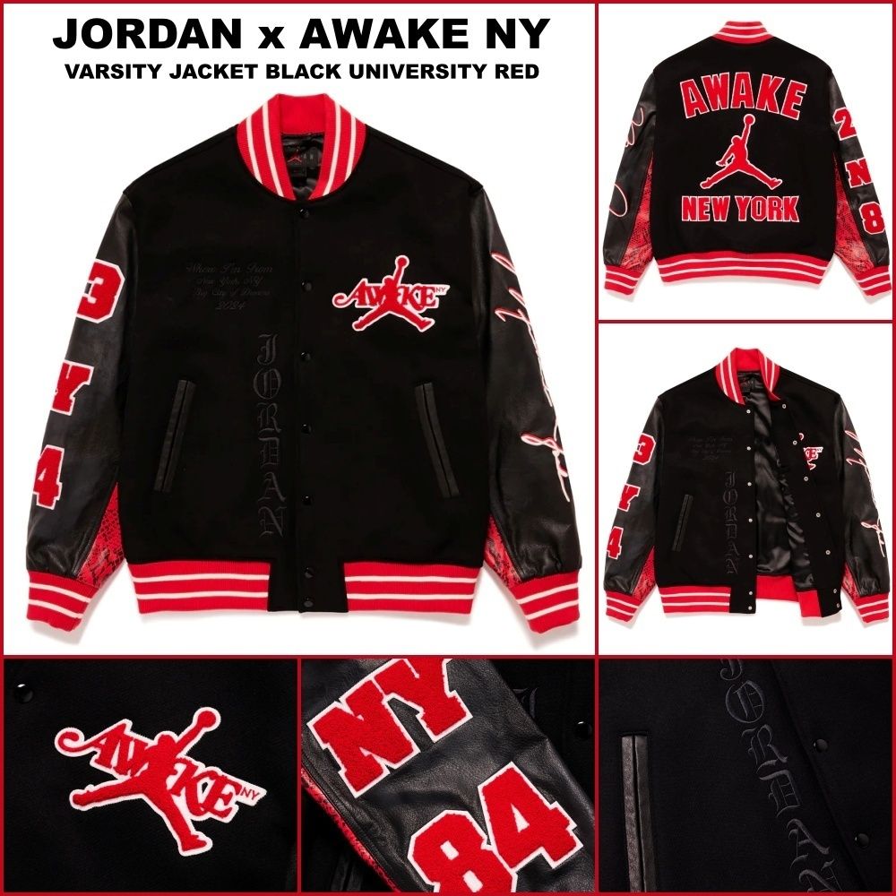 JORDAN x AWAKE NY】VARSITY JACKET BLACK UNIVERSITY RED (Nike