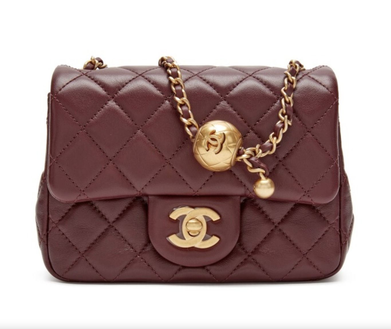 シャネル ゴールドボール付き ミニフラップバッグ バーガンディ