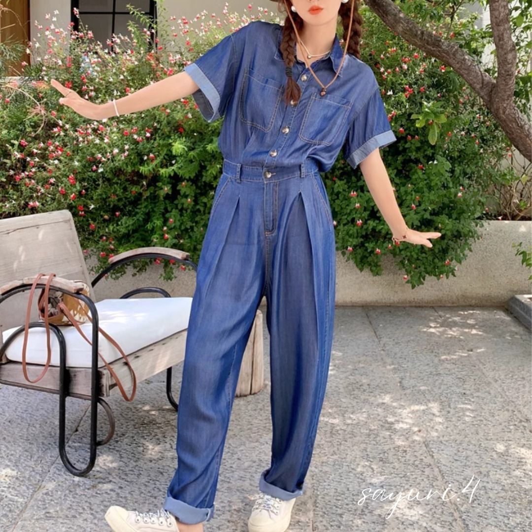 デニム ジャンプスーツ オールインワン つなぎ ルーズ (オールインワン