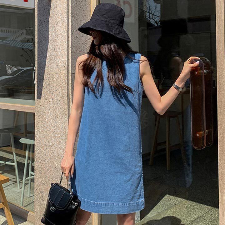 ワンピース ミニワンピ デニムワンピース ノースリーブ ひざ丈