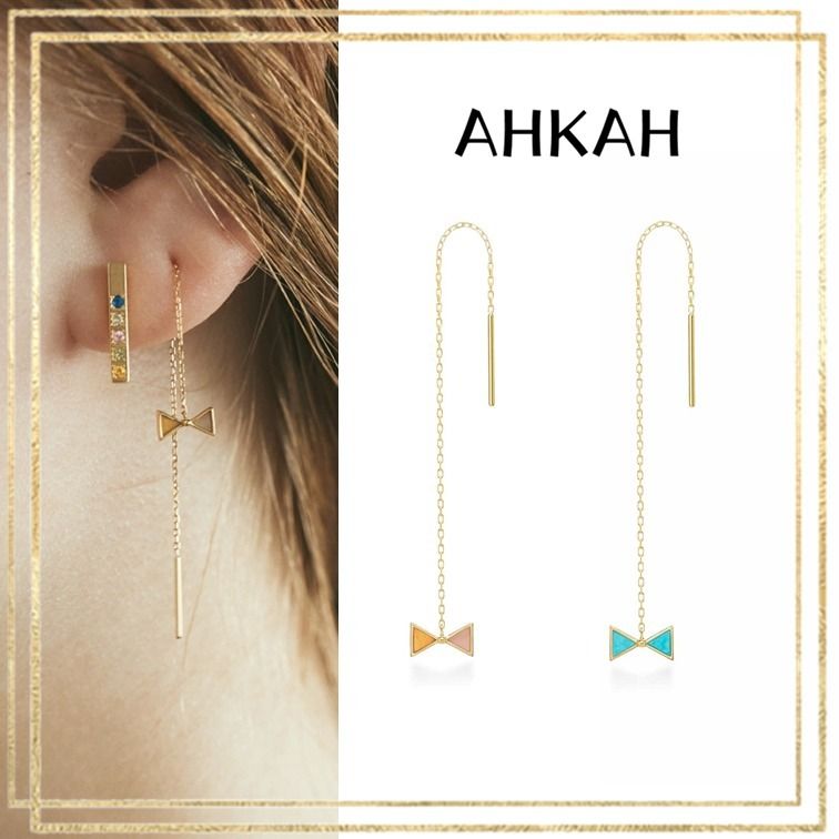 AHKAH アーカー ピアス セブロンカラーチェーン リボン 18K 国内