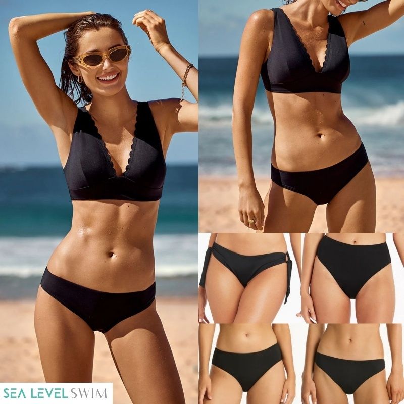 サイズ豊富◇Sea Level◇Scallop 縦長三角ビキニ上下セット/黒 (Sea