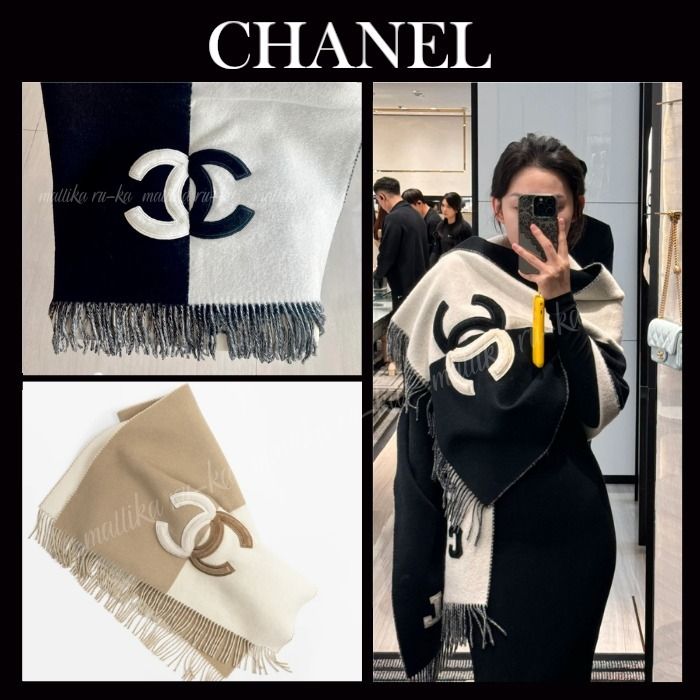 バイカラー☆大判【CHANEL】 CCロゴ マフラー ストール (CHANEL