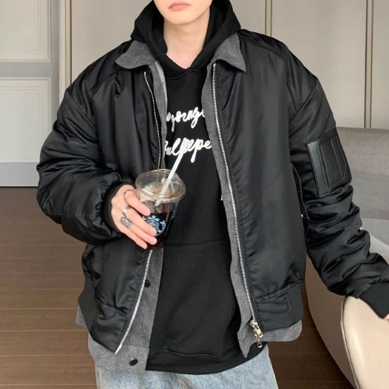 2色 ナイロンジャケット フェイクツーピース 重ね着風 ルーズ