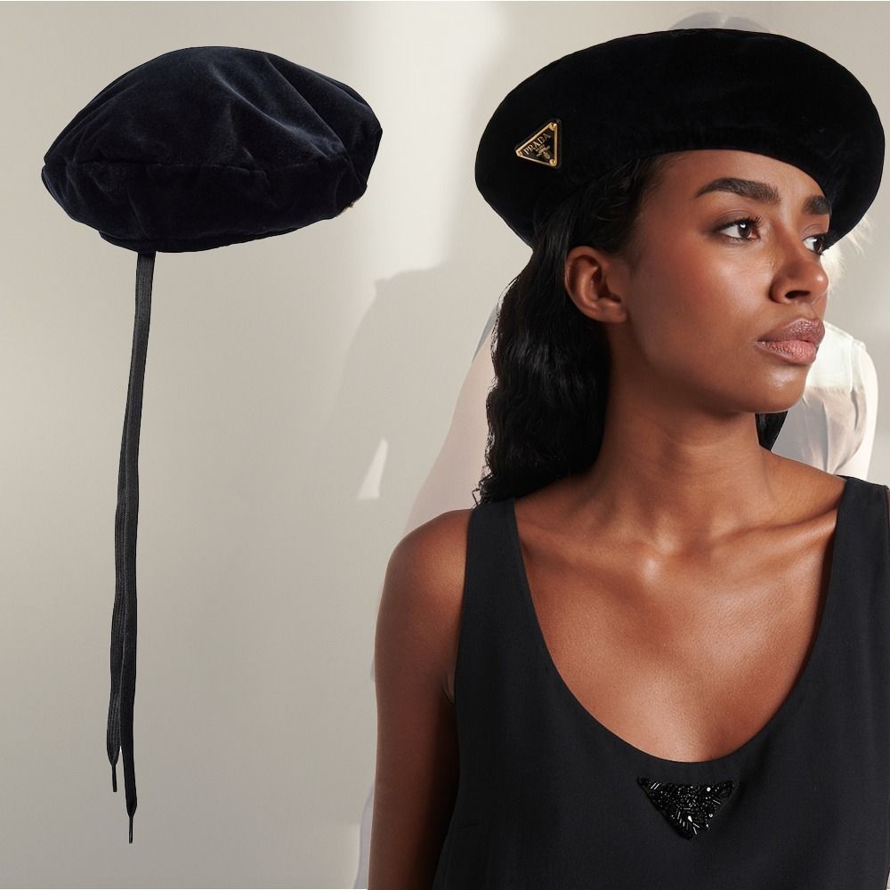 希少】 PRADA ロゴ コットン ベルベット ベレー帽 ブラック (PRADA