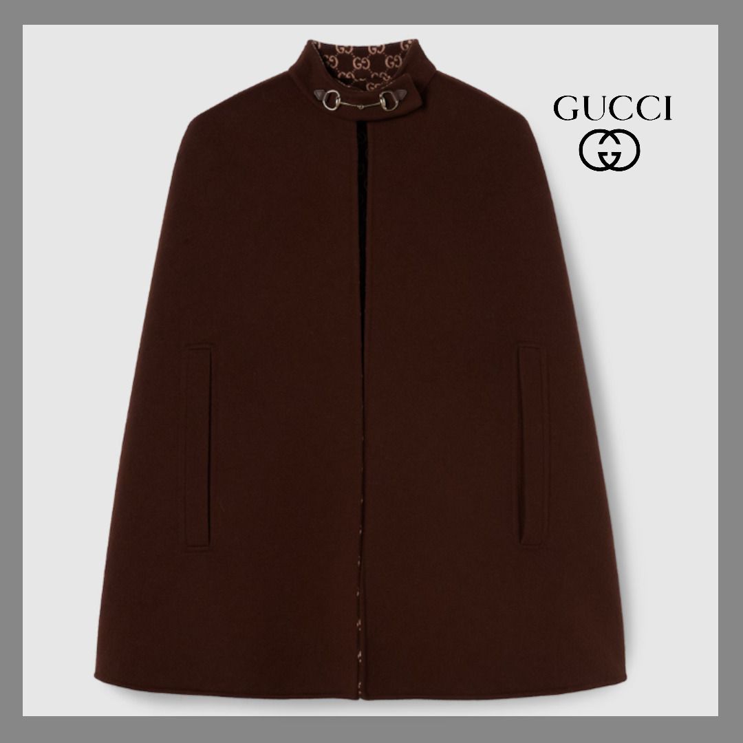 25A 新作 グッチ ホースビット柄 ウール シルク ケープ ブラウン