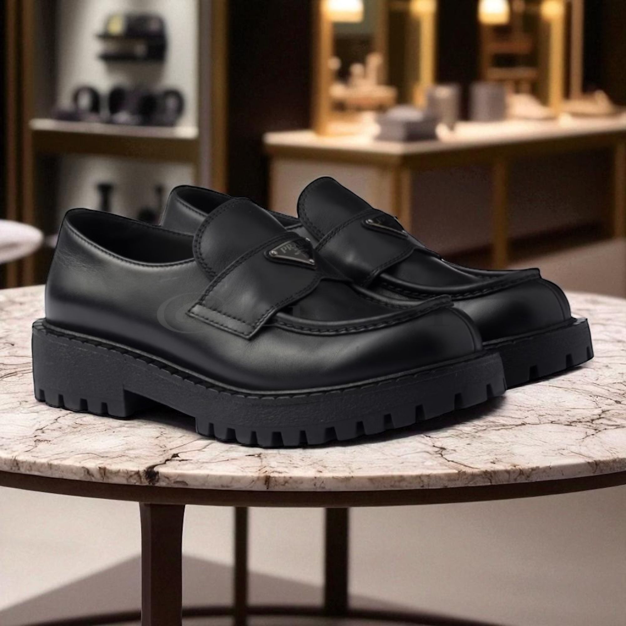 新作】PRADA ブラッシュドレザー ブラック ローファー (PRADA/ドレス