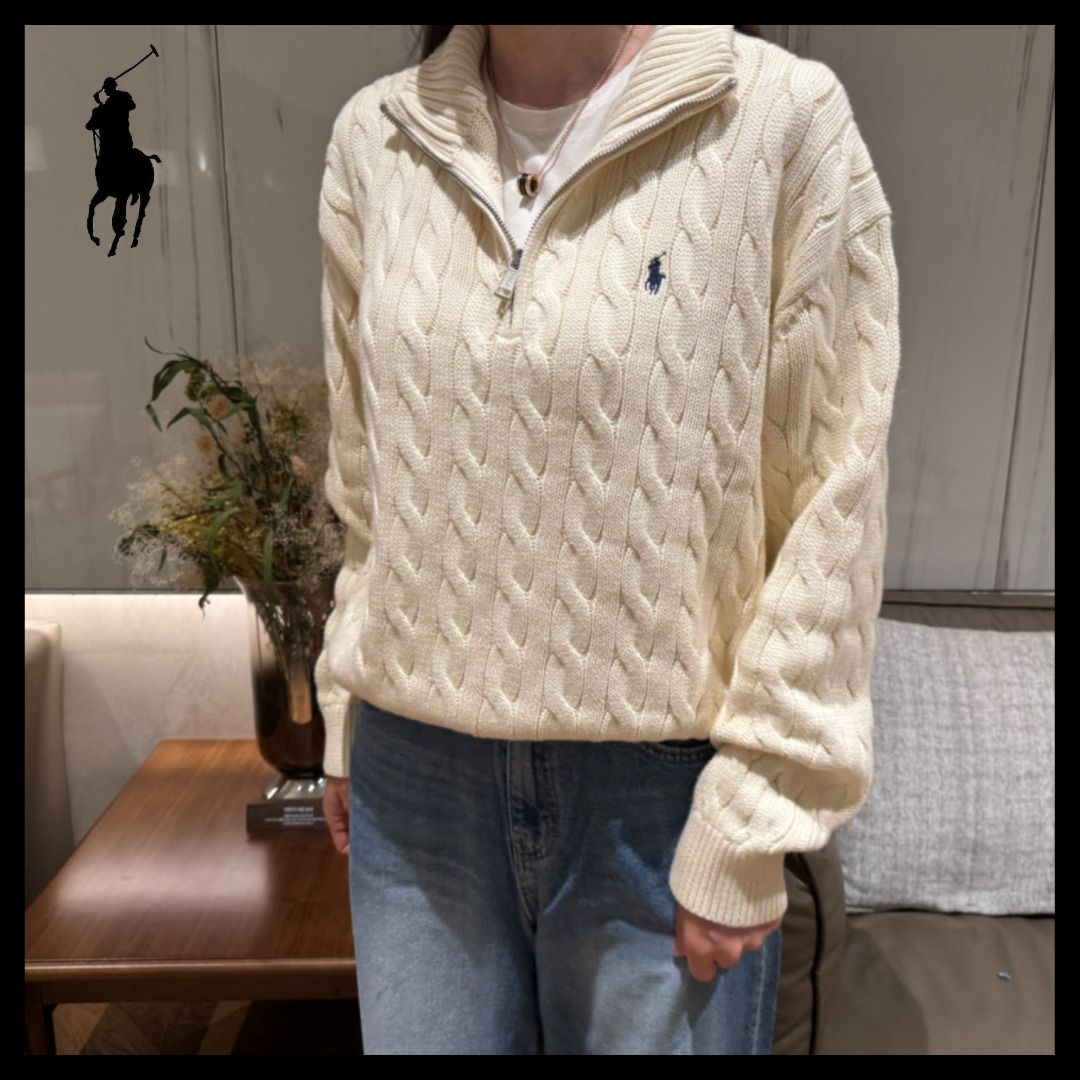 POLO】ウィメンズ コットン ケーブル編み ハーフジップニット (POLO
