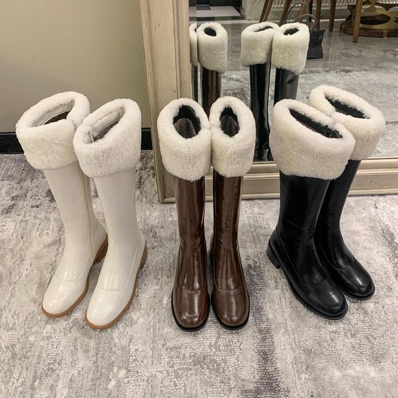 再販 ファー付 ロングブーツ モード ブラック クリーム (ロングブーツ