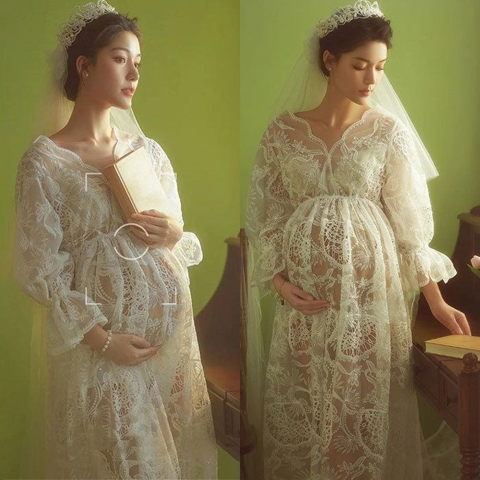 マタニティドレス マタニティフォト 記念撮影 レース 長袖 上品