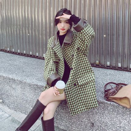 レディース コート チェック柄 レトロ お洒落 ダブルブレスト (コート