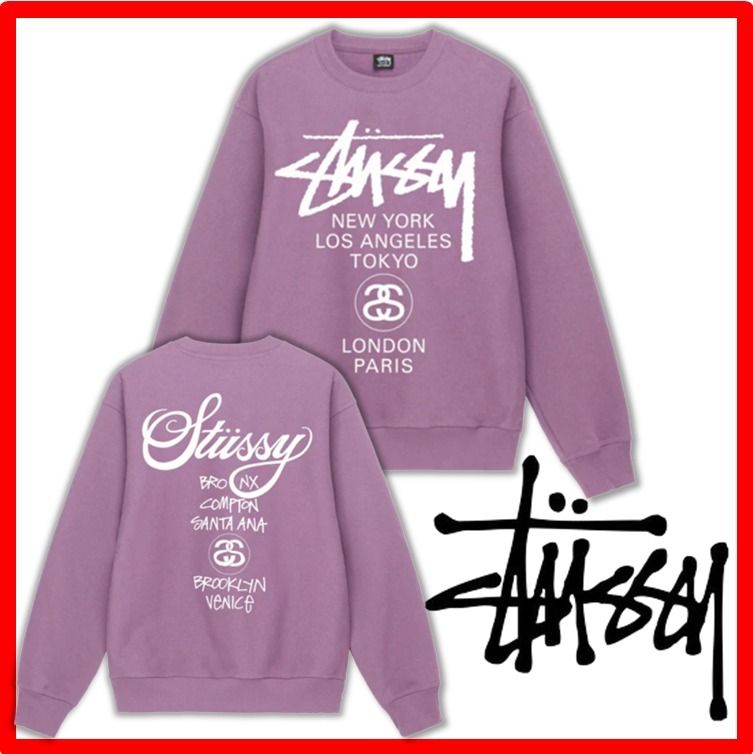 ☆人気☆【STUSSY】☆WORLD TOUR CRE.W☆スウェット☆ORCHID☆ (STUSSY
