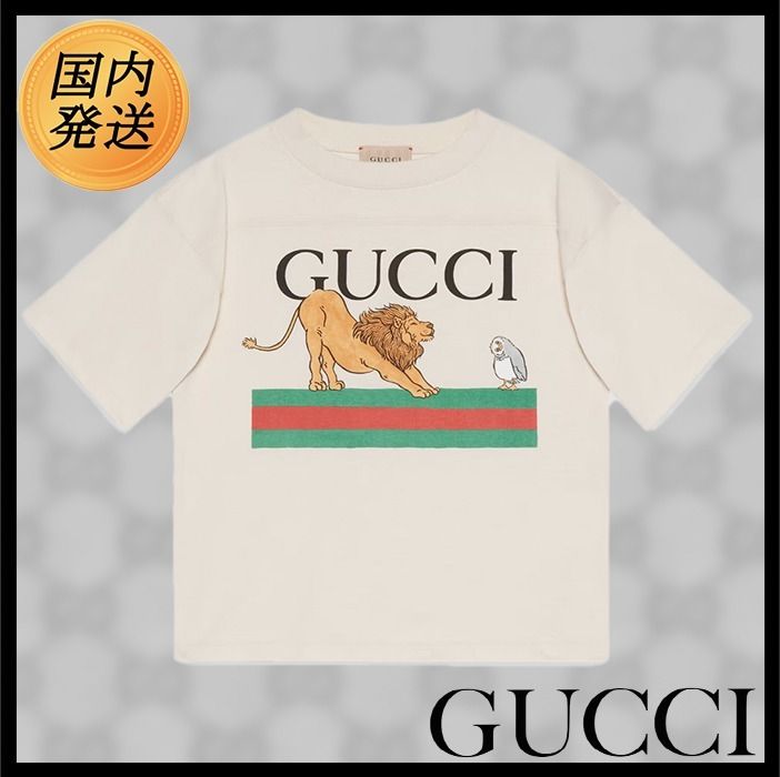 国内発送☆GUCCI】ウェブストライプ プリント コットンTシャツ (GUCCI