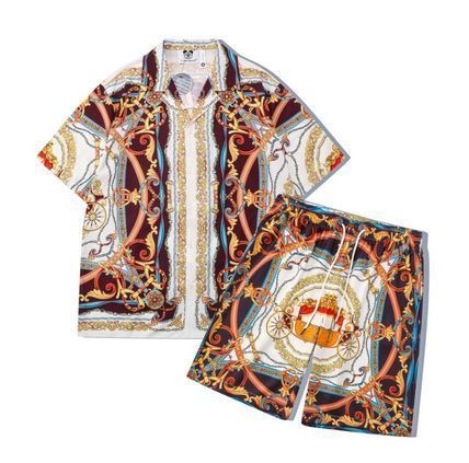 セットアップ バロック柄 シャツ メンズ 半袖 短パン 総柄
