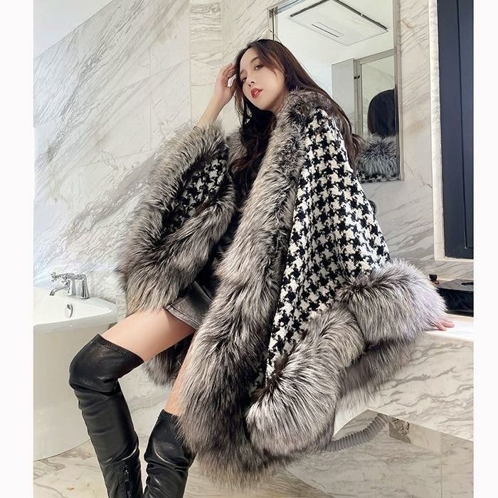 ケープコート マントコート 千鳥格子 フェイクファー エレガント