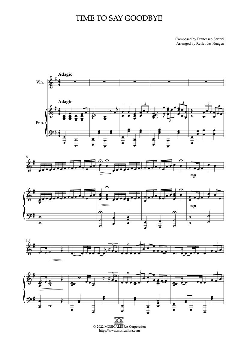 DUET 楽譜] Time to Say Goodbye - ヴァイオリン、ピアノデュエット