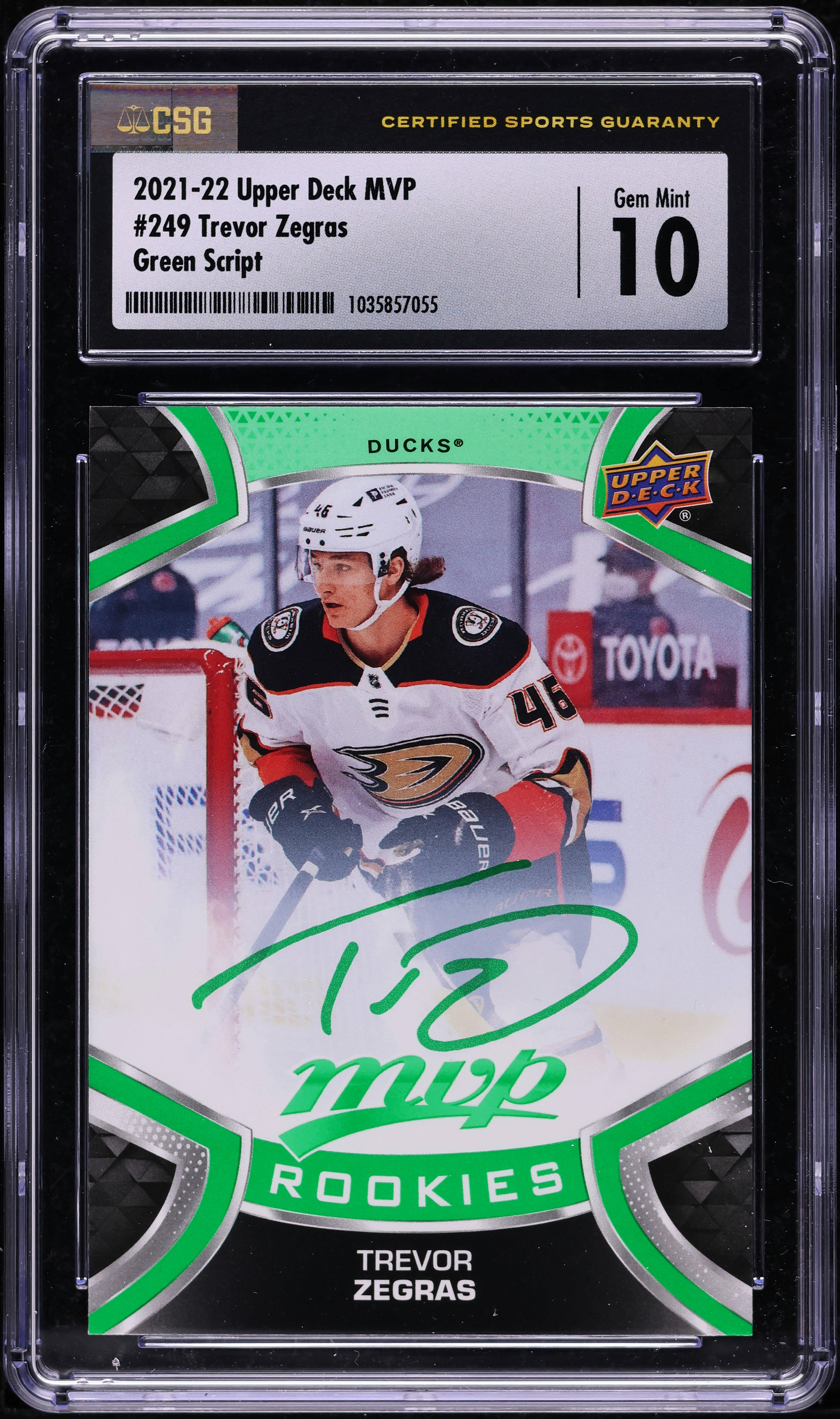 2021 Upper Deck MVP Green Script Trevor Zegras ROOKIE #249 CSG 10