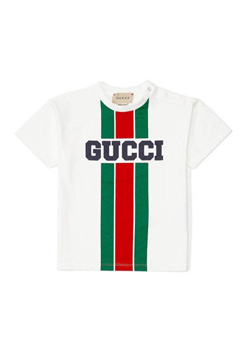 Gucci - Beyaz Logo Baskılı Erkek Bebek T-shirt - Lacivert